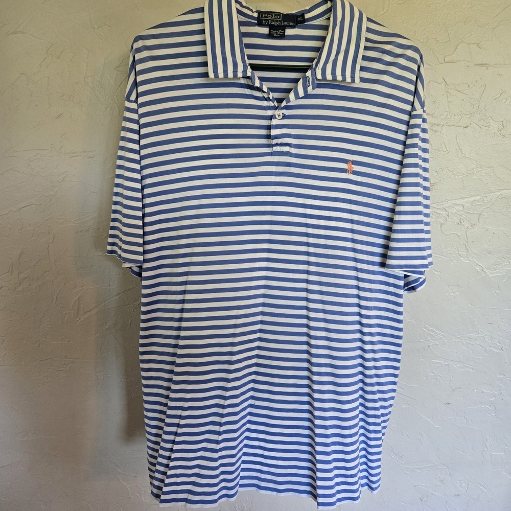Polo Ralph Lauren Mens XL Pima Cotton Made In Peru Polo Shirt Blue White Stripe